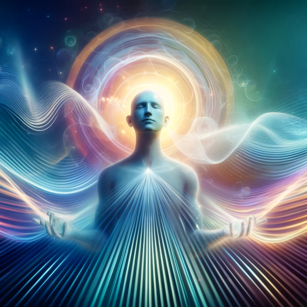Enchhace mental clarity. digital image representing the concept of gaze dilating and its cognitive benefits. This illustration features a human figure in a meditative pose, surrounded by abstract waves of light and colors that symbolize the expansion of visual and cognitive perception. The tranquil background and soothing color palette enhance the theme of mindfulness and mental expansion.