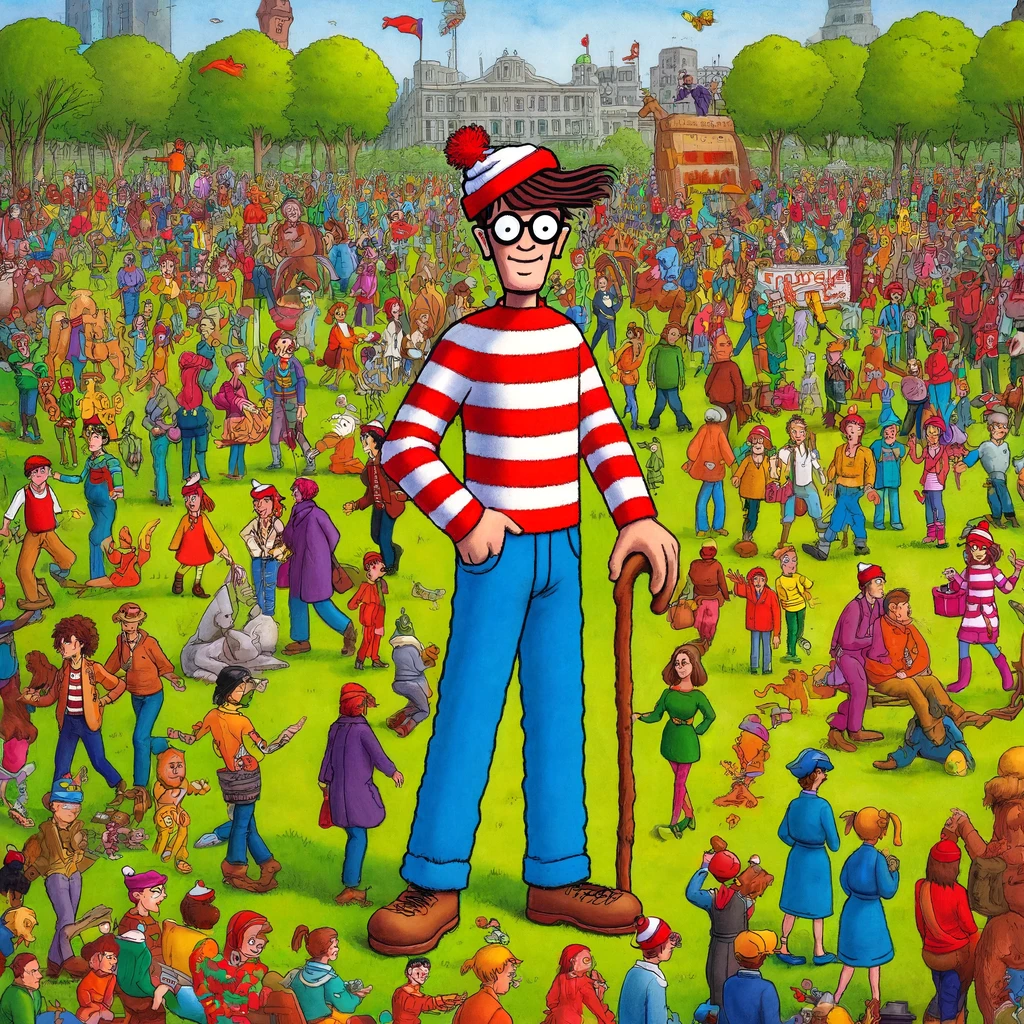 Here's an artistic representation of a children's picture book inspired by the concept of "Where's Waldo." The image features a vibrant and crowded park scene filled with colorful, cartoonish characters engaged in various amusing activities. In the center, a character stands out, reminiscent of Waldo, wearing a red and white striped shirt and a bobble hat. This playful and bright scene captures the fun and challenge of finding the main character among the bustling crowd.
