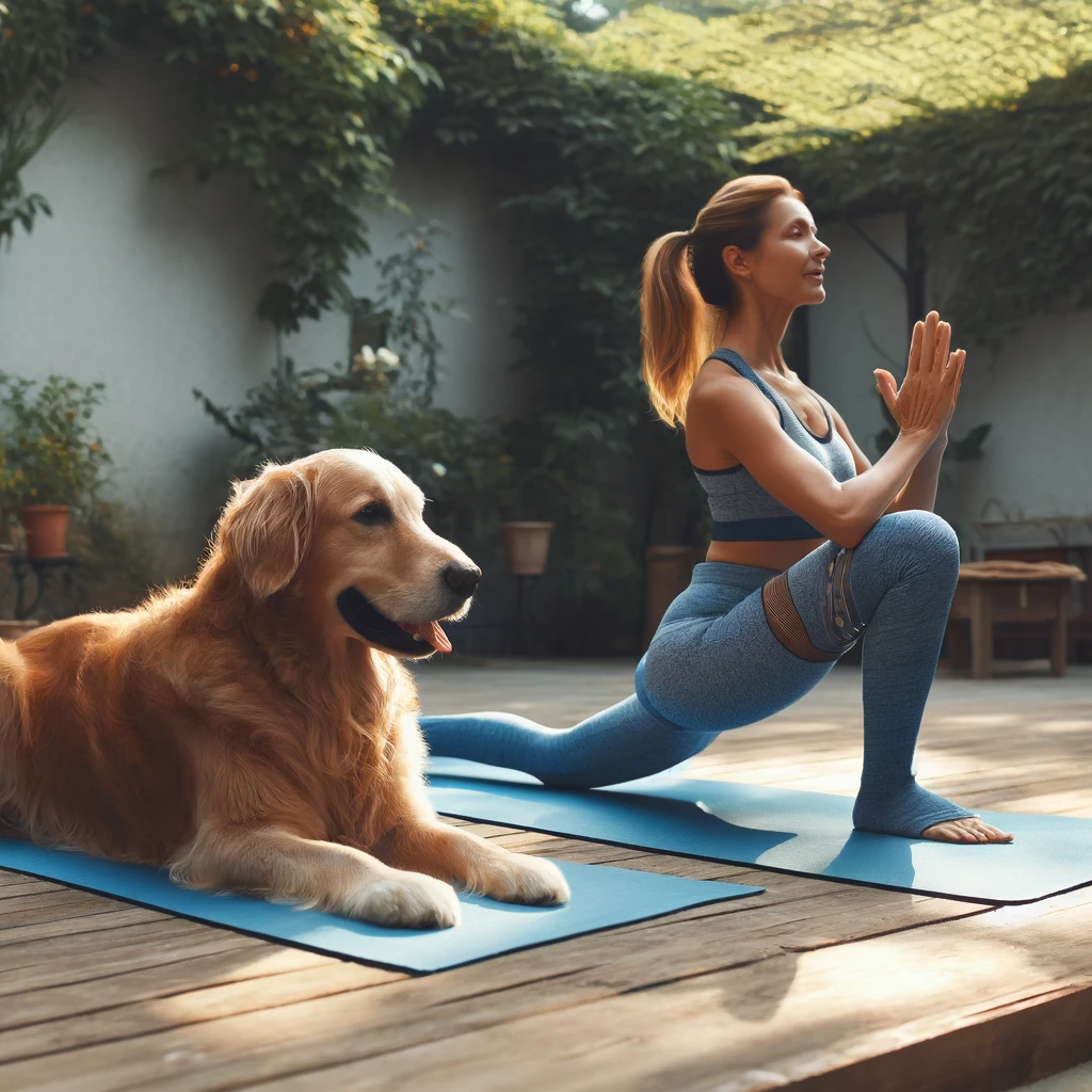 How Does Yoga Improve Mental Health? Here is the image of a middle-aged woman practicing yoga on a blue mat outdoors, accompanied by her pet golden retriever.