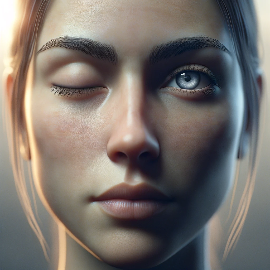 Here's the revised artistic representation of an intentional blink. The image features a close-up view of a human face, with one eye completely closed and the other eye open, capturing the deliberate and mindful aspect of the action. The focused and serene expression on the person's face emphasizes the intention behind the blink. The blurred background and gentle lighting create a calm and introspective mood, enhancing the overall visual experience.