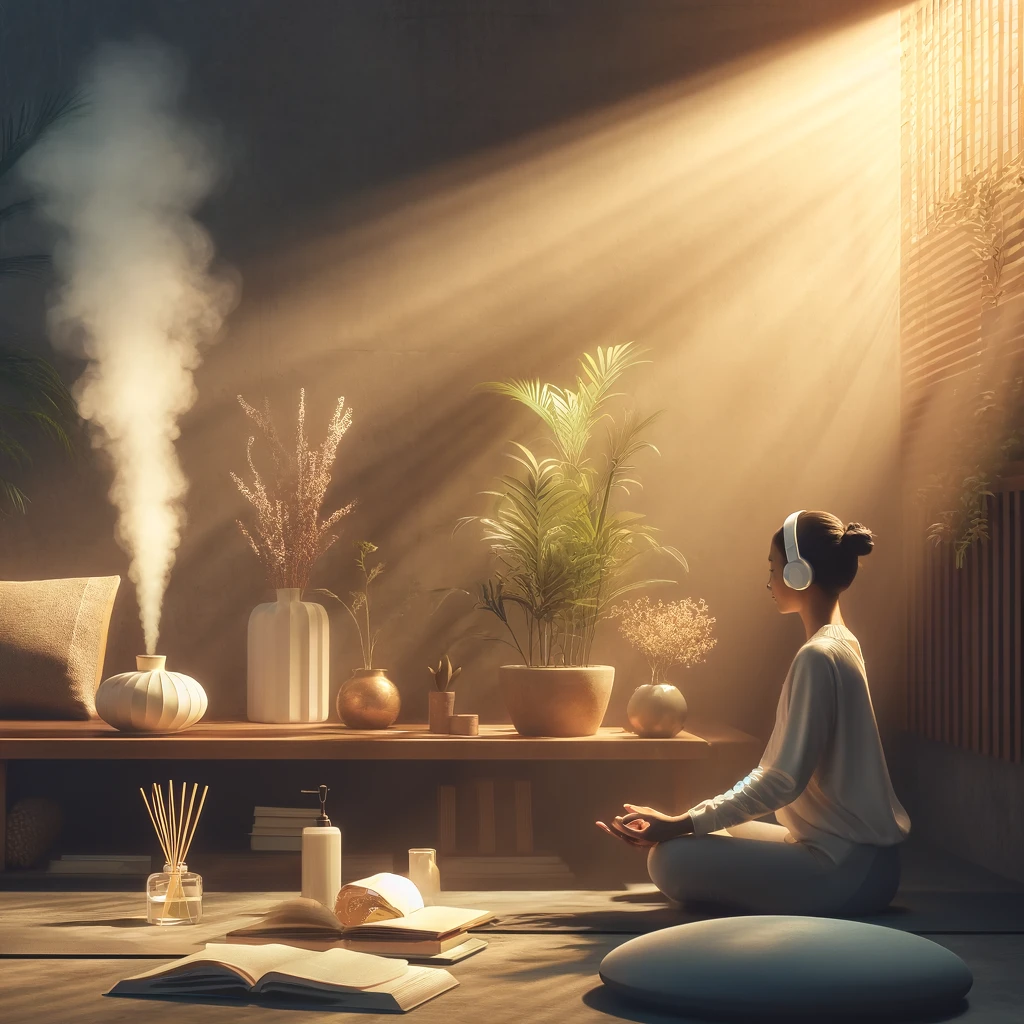 Here's an artistic image depicting practices that help manage stress and enhance focus and concentration for better mental health. The serene indoor setting includes a person in a meditative pose on a yoga mat, engaged in mindful reading and listening to calming music. The presence of a small indoor plant and a diffuser emitting gentle steam adds to the tranquil atmosphere, reinforced by the calm and earthy color scheme