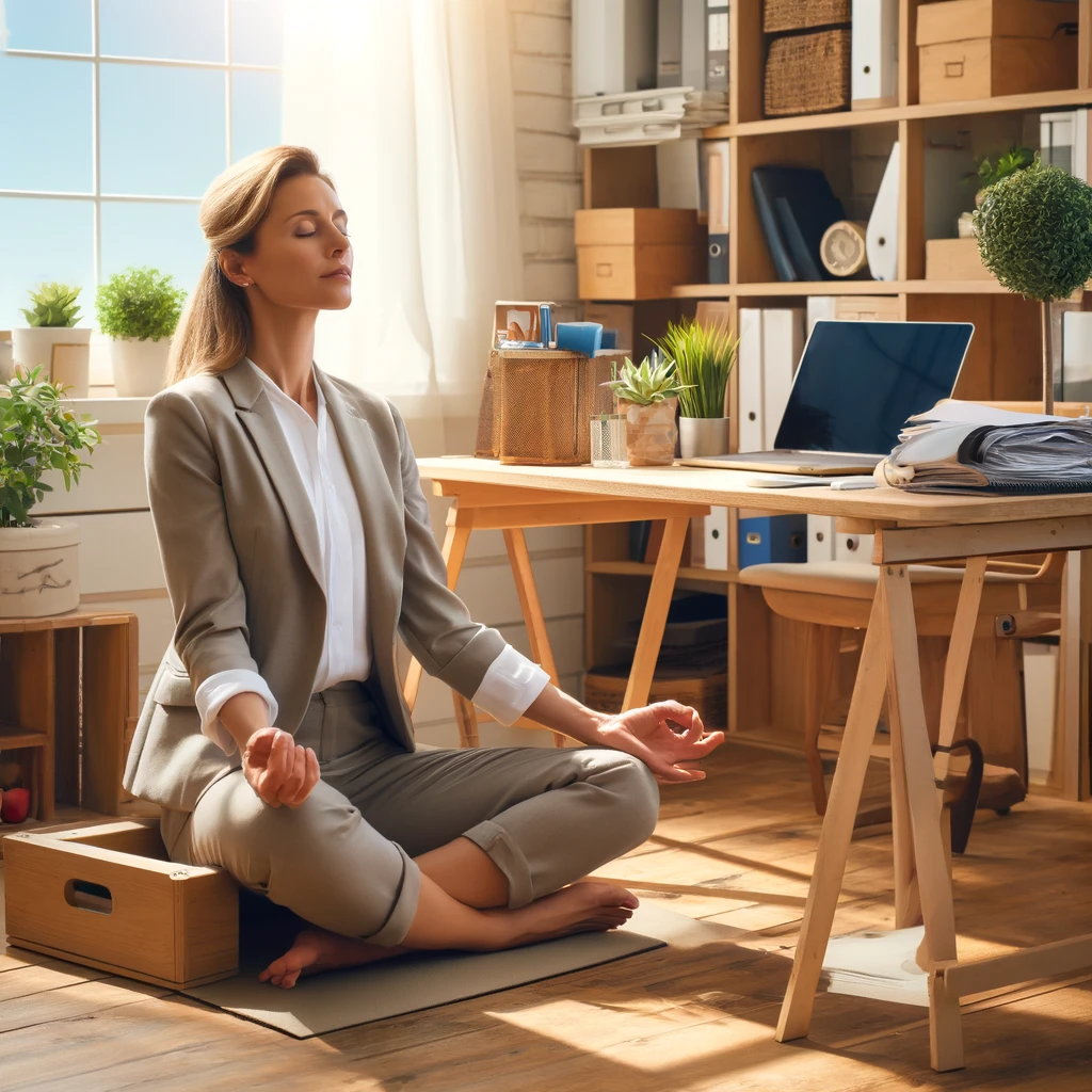 How Does Yoga Improve Mental Health? Here is the image depicting a middle-aged professional integrating yoga into her busy life. She is taking a short yoga break in a modern home office, creating a calm space amidst her work environment.