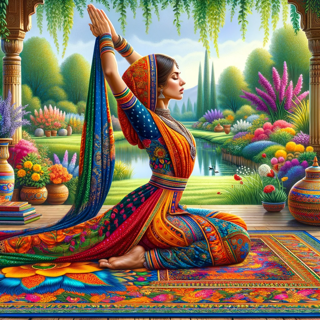 How Does Yoga Improve Mental Health? Here is the image of an Indian woman practicing yoga outdoors, dressed in traditional vibrant attire. The setting is a peaceful garden, and her yoga mat features cultural patterns, enhancing the authenticity and cultural depth of the scene