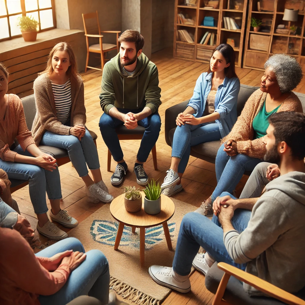 A supportive and comforting scene of a local mental health caregiver support group meeting in a community center. A diverse group of caregivers sits in a welcoming circle, engaged in meaningful conversation and sharing their experiences. The environment is warm and inclusive, with natural lighting and cozy seating. The mood reflects encouragement, connection, and mutual understanding.
