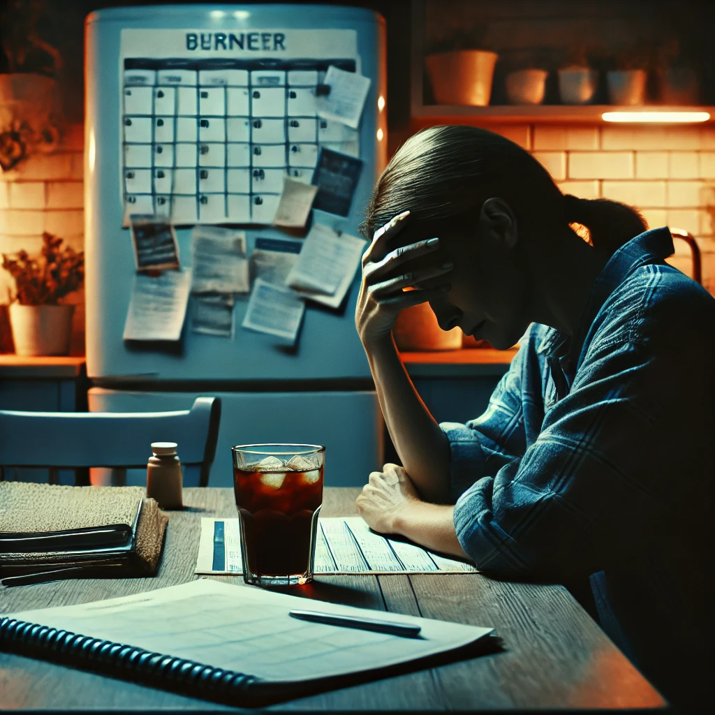 An exhausted caregiver sitting at a kitchen table late at night, head resting on their hand, with a cold cup of coffee beside them. The room is dimly lit, reflecting emotional and physical fatigue. A calendar with overwhelming tasks and notes is visible in the background, symbolizing burnout. The mood conveys exhaustion, stress, and the weight of caregiving responsibilities.