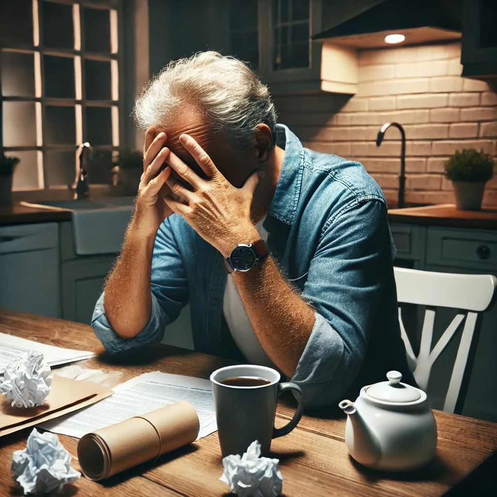 An exhausted family caregiver sitting at a kitchen table late at night, rubbing their temples with a stressed expression. A cold cup of coffee and scattered papers sit nearby, symbolizing burnout and overwhelming responsibilities. The room is dimly lit, emphasizing the caregiver’s fatigue and emotional exhaustion.