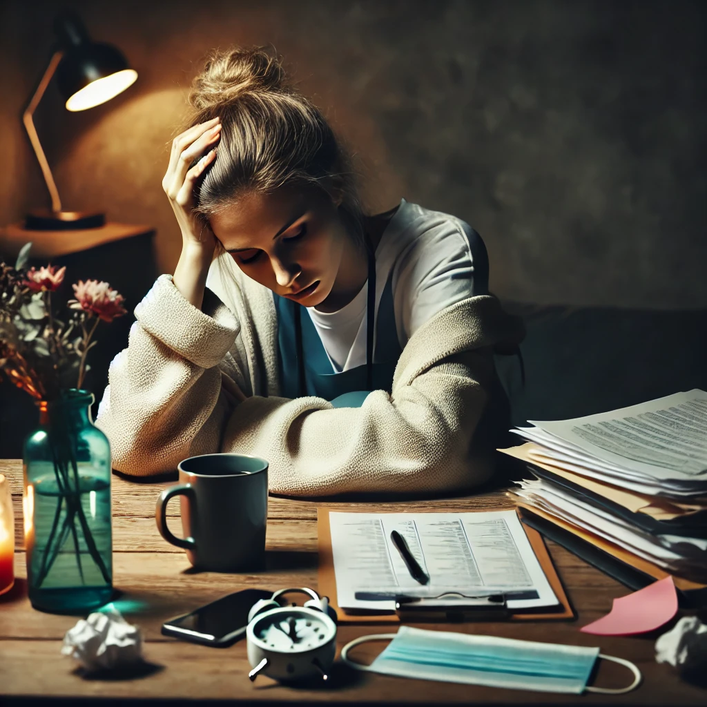 A mental health caregiver sitting alone in a dimly lit room, looking exhausted and overwhelmed. Papers, a half-empty coffee cup, and a calendar filled with tasks are on the table in front of them. Their posture is slumped, and their face reflects emotional and physical fatigue. The scene emphasizes the weight of caregiving responsibilities and the early signs of burnout.