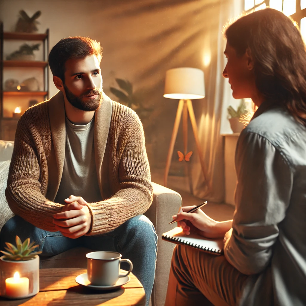 A dedicated mental health caregiver assisting a client in a bright and modern healthcare facility. The caregiver is engaging in a reassuring conversation, offering emotional support while maintaining professionalism. The background includes medical equipment, a calm environment, and a focus on patient-centered care. The image conveys compassion, expertise, and the importance of mental health support.