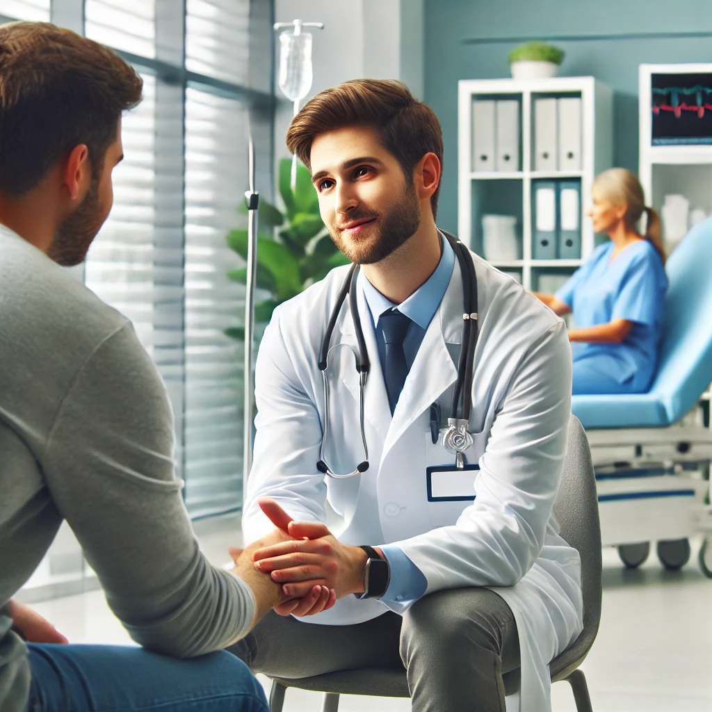 A dedicated mental health caregiver assisting a client in a bright and modern healthcare facility. The caregiver is engaging in a reassuring conversation, offering emotional support while maintaining professionalism. The background includes medical equipment, a calm environment, and a focus on patient-centered care. The image conveys compassion, expertise, and the importance of mental health support.