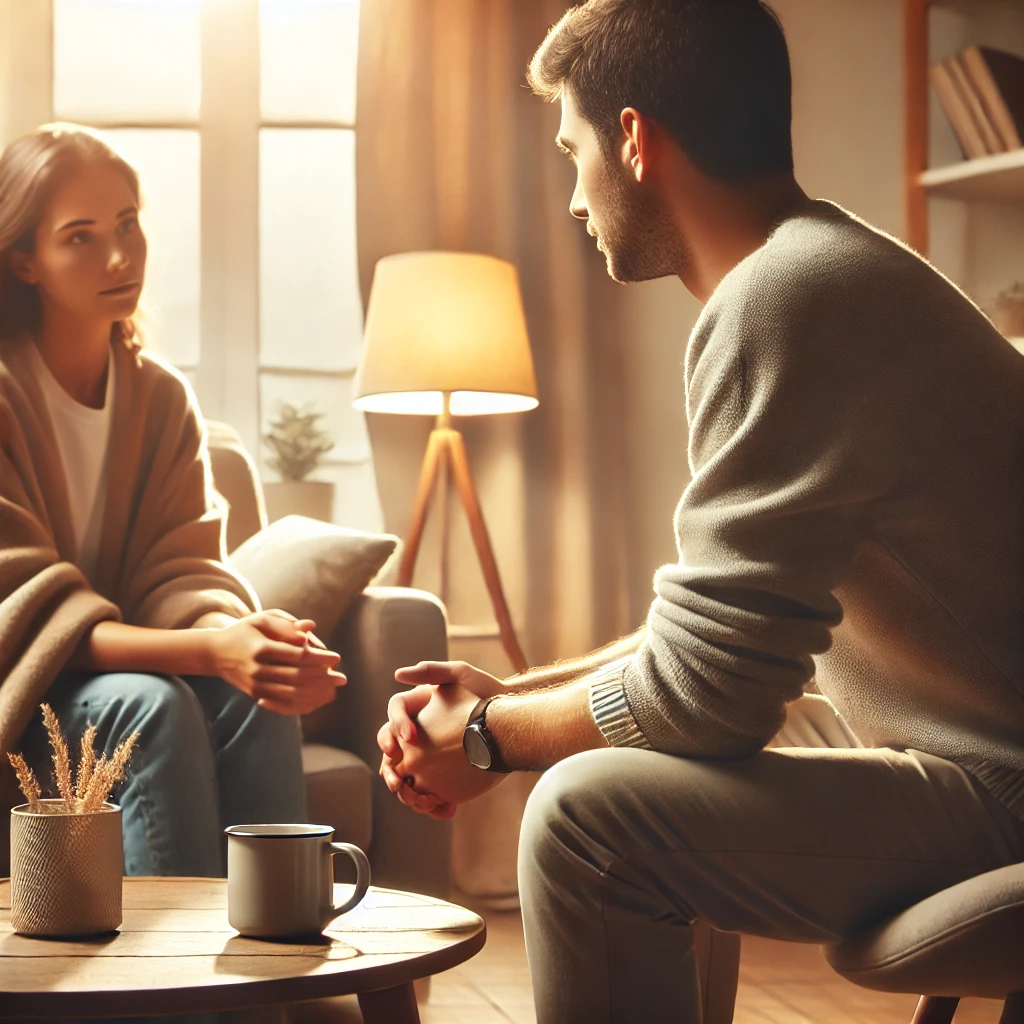 A compassionate mental health caregiver sitting with a client in a cozy living room. The caregiver is attentively listening while the client shares their thoughts. A warm, supportive atmosphere is created with soft lighting, a cup of tea on the table, and a comfortable setting. The image conveys trust, empathy, and emotional support in caregiving.