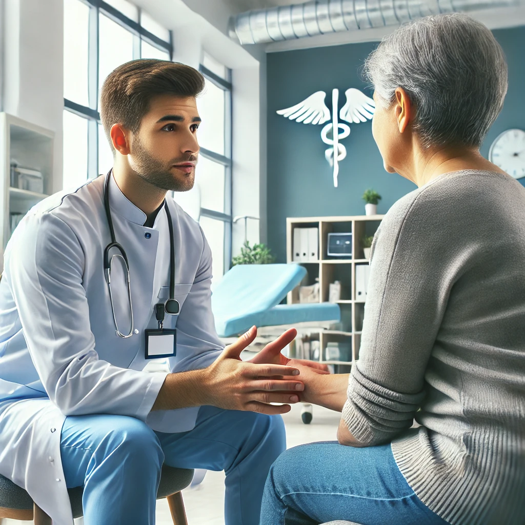 A mental health caregiver assisting a client in a bright and modern healthcare facility. The caregiver is engaging in a reassuring conversation, offering emotional support while maintaining professionalism. The background includes medical equipment, a calm environment, and a focus on patient-centered care. The image conveys compassion, expertise, and the importance of mental health support.