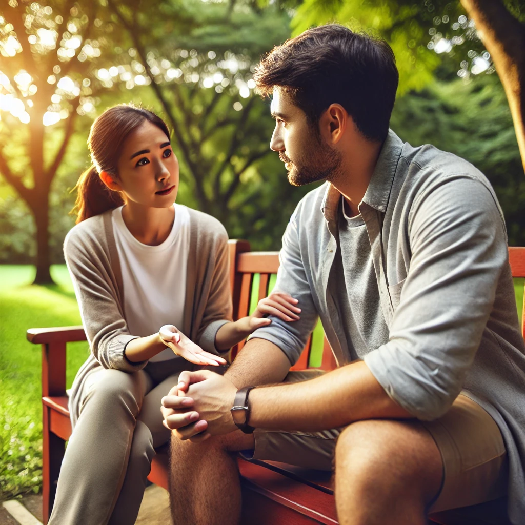 A supportive moment between a mental health caregiver and a client in an outdoor park setting. The caregiver is sitting on a bench, actively listening as the client shares their feelings. The environment is peaceful, with trees, greenery, and warm sunlight creating a calming atmosphere. The image conveys trust, support, and emotional connection in mental health caregiving.