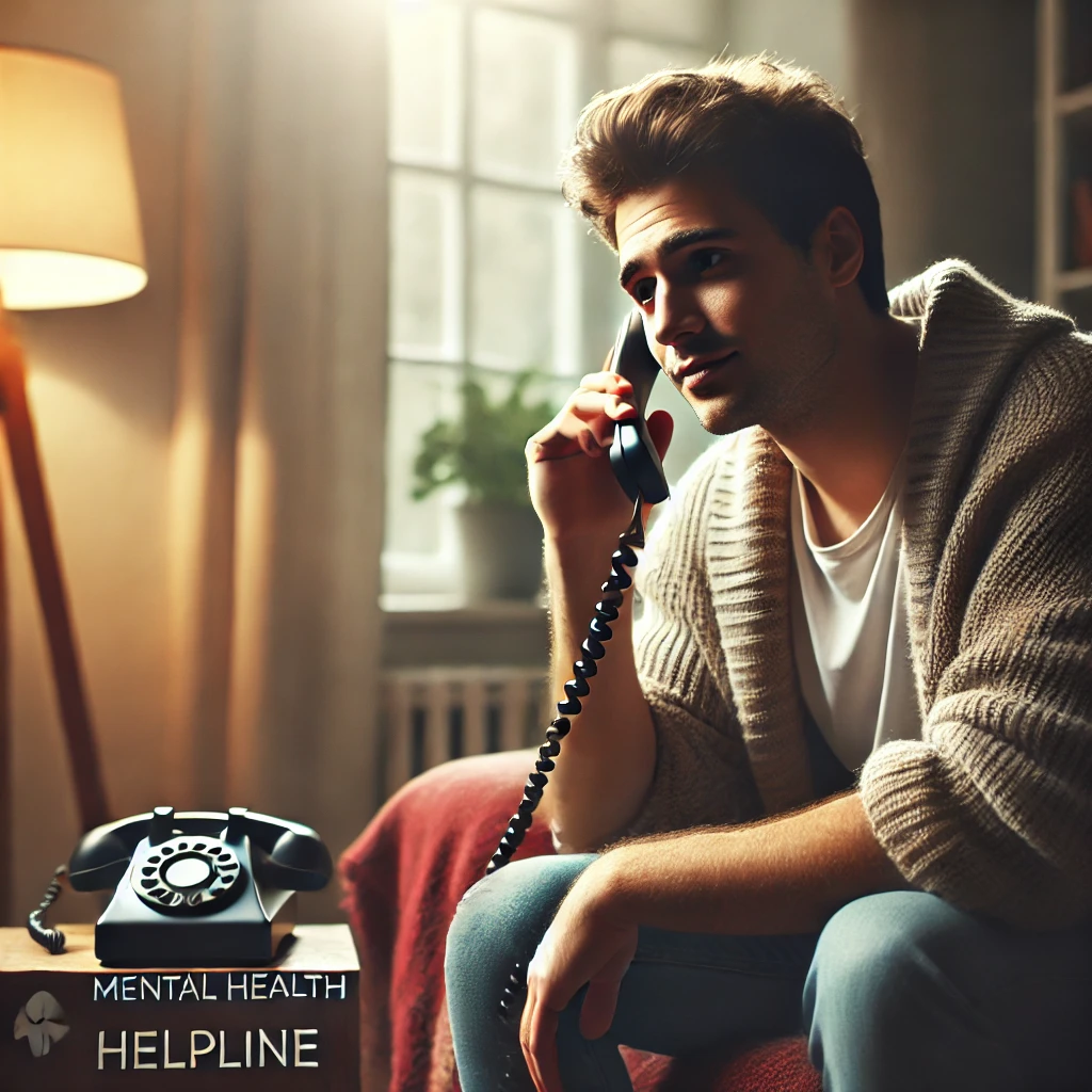 A compassionate mental health carer sitting in a quiet room, talking on the phone with a supportive expression. The environment is calm, with soft lighting and a cozy atmosphere, symbolizing the comfort and relief a mental health carer helpline provides. The image conveys warmth, trust, and emotional support.