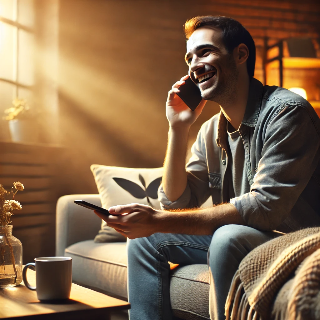 A mental health carer sitting on a couch, holding a phone with a relieved expression after a helpline call. The background includes a warm and comforting living space with a soft blanket and a cup of tea on the table. The image conveys relief, emotional support, and the power of reaching out for help.