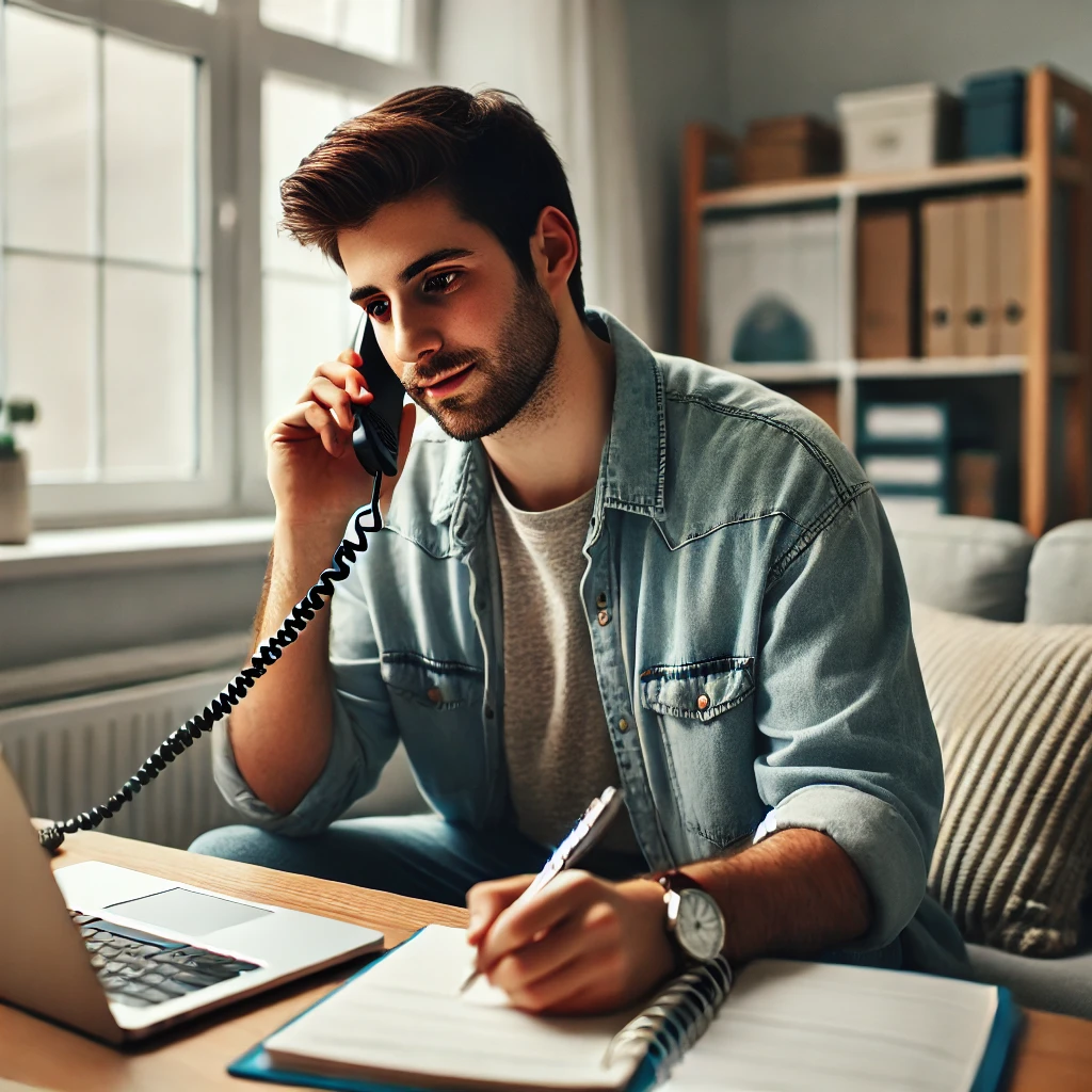 A mental health carer sitting at a desk, speaking on the phone with a helpline advisor. They are taking notes with a focused expression, showing engagement and relief. The background includes a well-lit home office with a laptop and notepad. The image conveys practical support, connection, and problem-solving.
