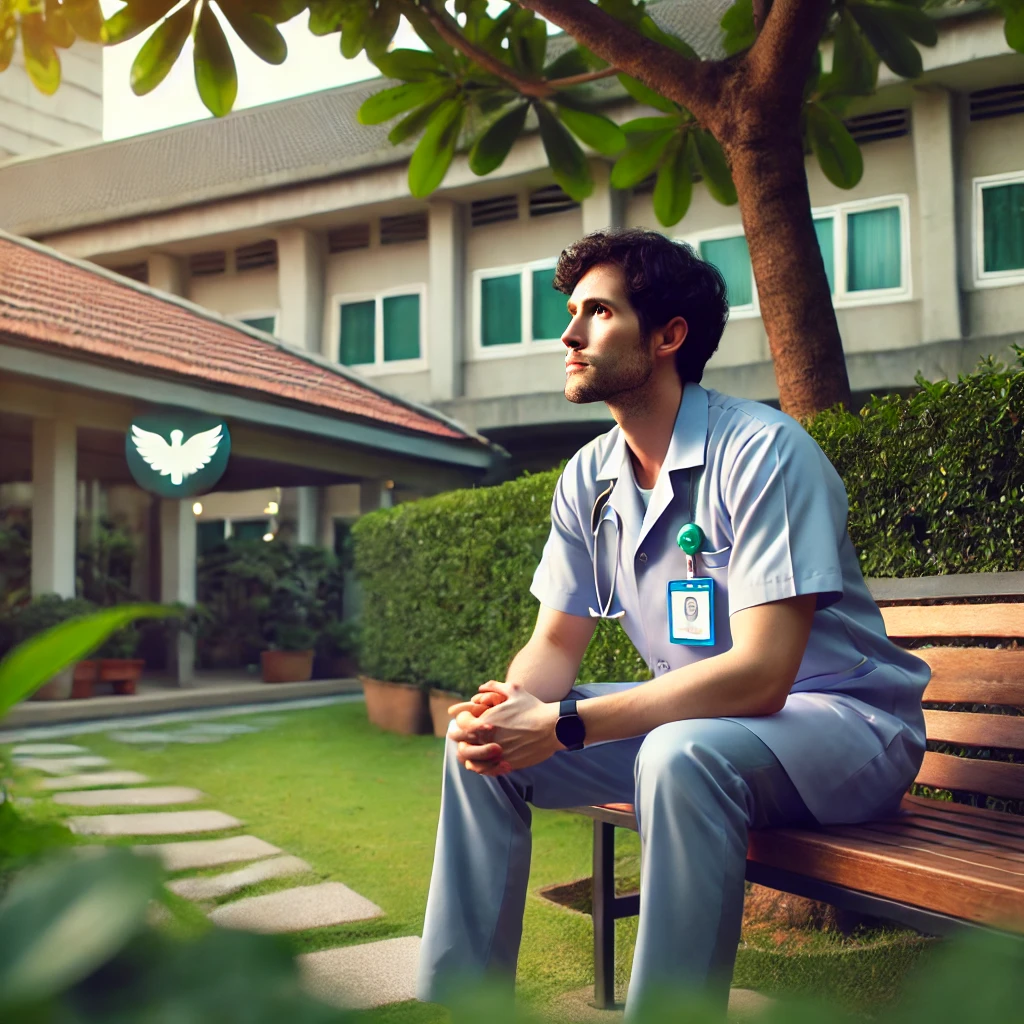 A mental health nurse reflecting after a long shift, sitting alone in a hospital garden. The nurse is looking at the sky with a thoughtful expression, symbolizing the emotional demands and quiet resilience of their role. The setting includes greenery, a bench, and soft lighting, conveying the need for reflection and emotional balance in nursing.