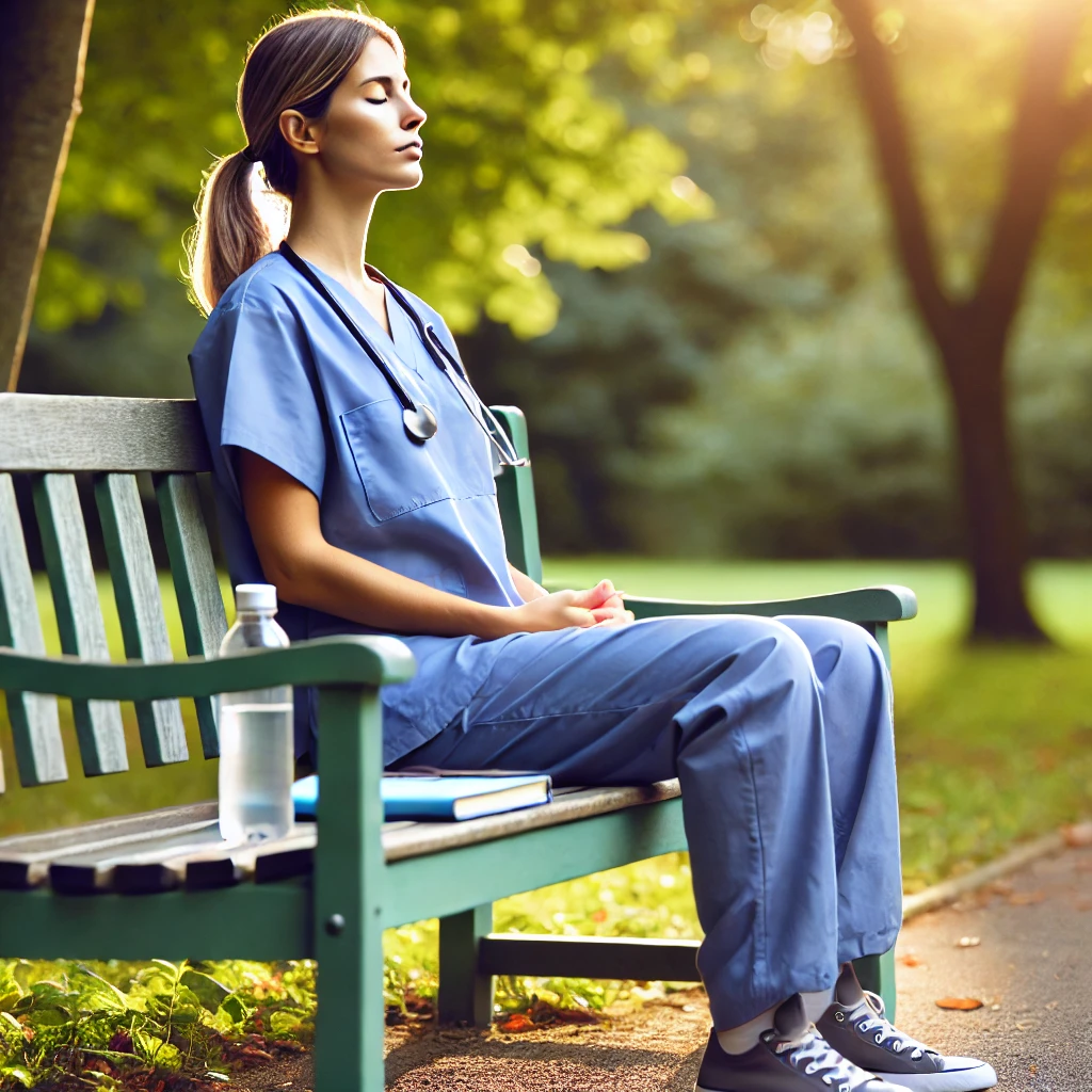 Mental health caregiver self-care – a nurse taking a mindful break outdoors.