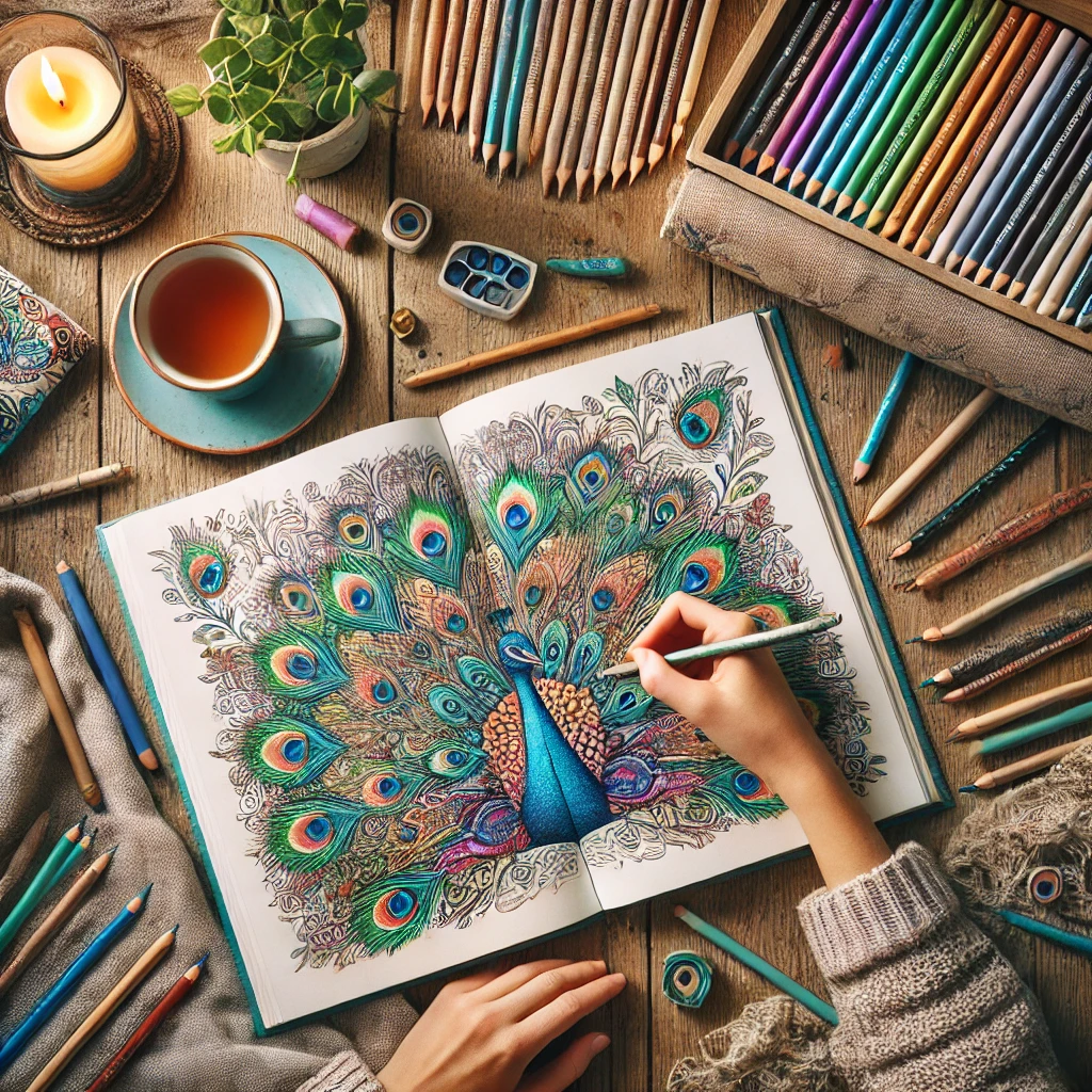 A flat-lay shot of an open 'Peacocks and Feathers' colouring book with a partially coloured peacock design. The person is colouring the feathers with vibrant blues, greens, and golds using coloured pencils or gel pens. Scattered around the book are art supplies, including pencils, pens, and a lit candle, evoking a cozy, peaceful creative environment. The soft natural lighting adds warmth and relaxation to the scene