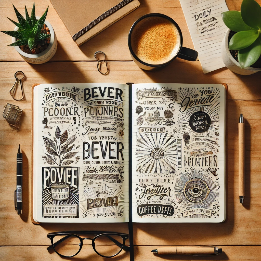 A top-down view of an open lined journal on a neatly arranged workspace. The pages contain motivational quotes, sketches, and daily reflections. Nearby, a pair of reading glasses, a plant, and a warm coffee cup enhance the creative and inspiring setup.