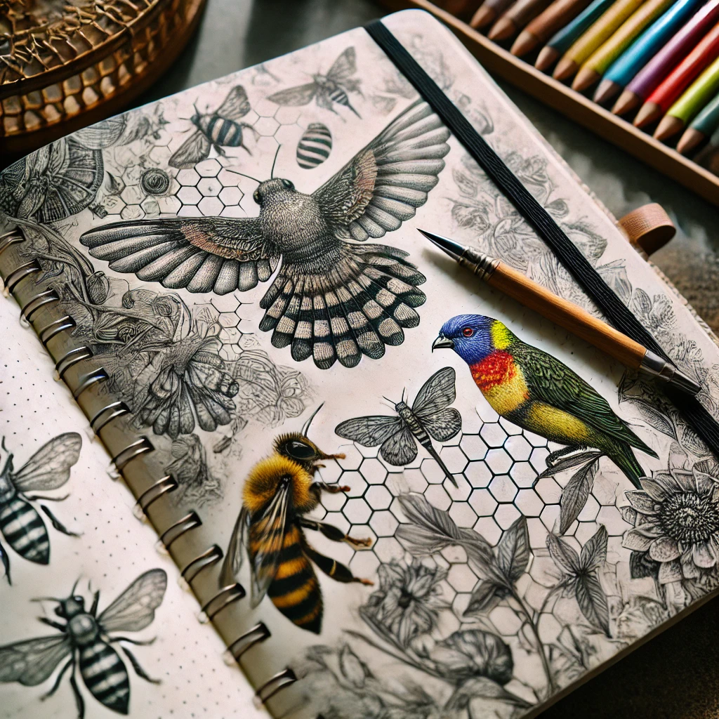 This image also showcases the notebook open with illustrations, focusing more closely on the details of the artwork and the tranquil atmosphere it creates.