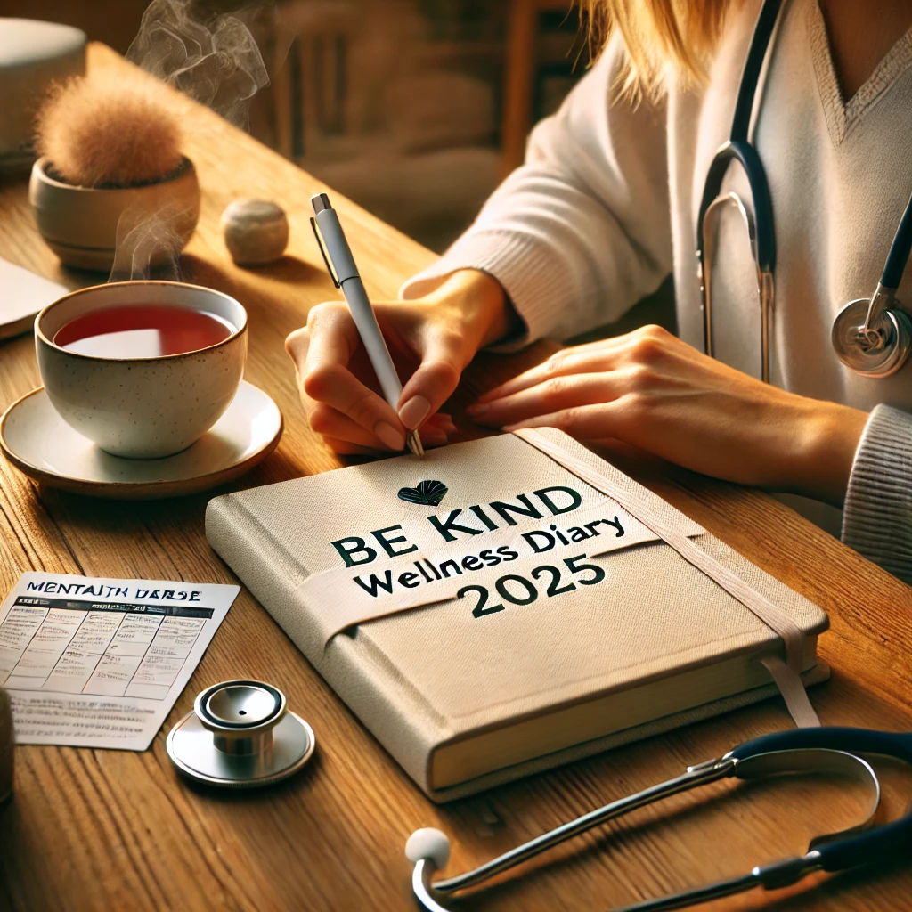 A mental health nurse sits at a cozy desk, writing in the Be Kind Wellness Diary 2025 during a quiet moment. A steaming cup of tea, a stethoscope, and patient notes are nearby, creating a warm, mindful setting with soft lighting.