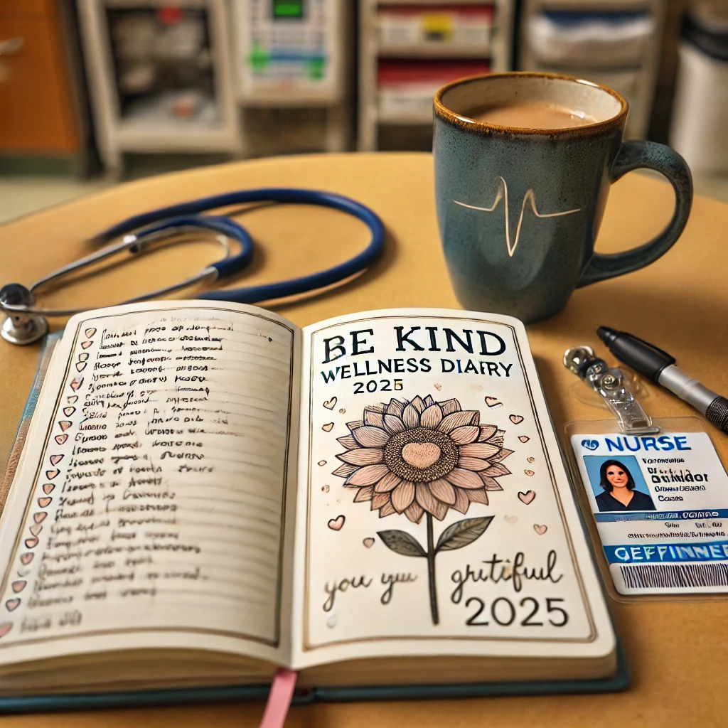 An open Be Kind Wellness Diary 2025 rests on a hospital breakroom table, filled with gratitude reflections and affirmations. A nurse’s ID badge, a stethoscope, and a half-finished cup of coffee nearby capture a moment of self-care during a busy shift.