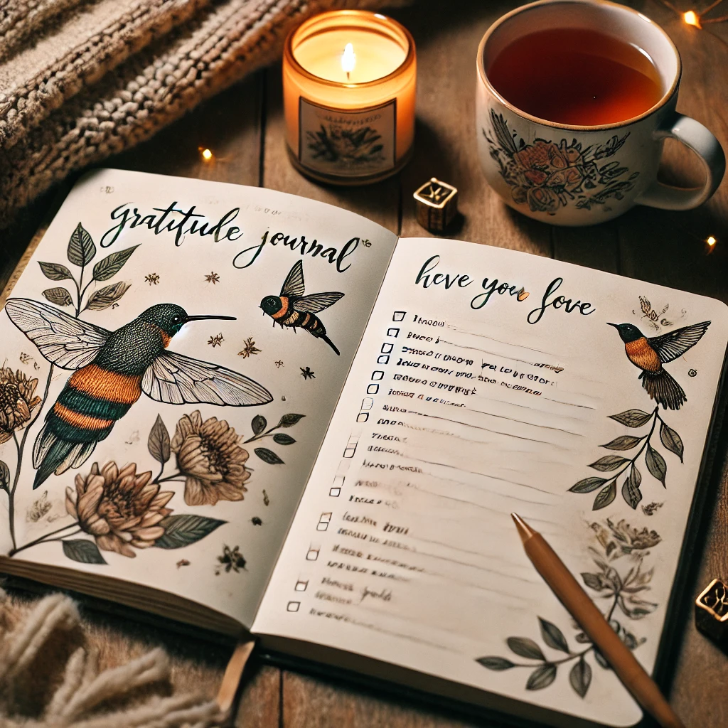 A beautifully designed gratitude journal open on a wooden table, surrounded by a cup of tea, a lit candle, and a cozy blanket. The pages contain elegant handwritten prompts with sketches of bees and lorikeets.