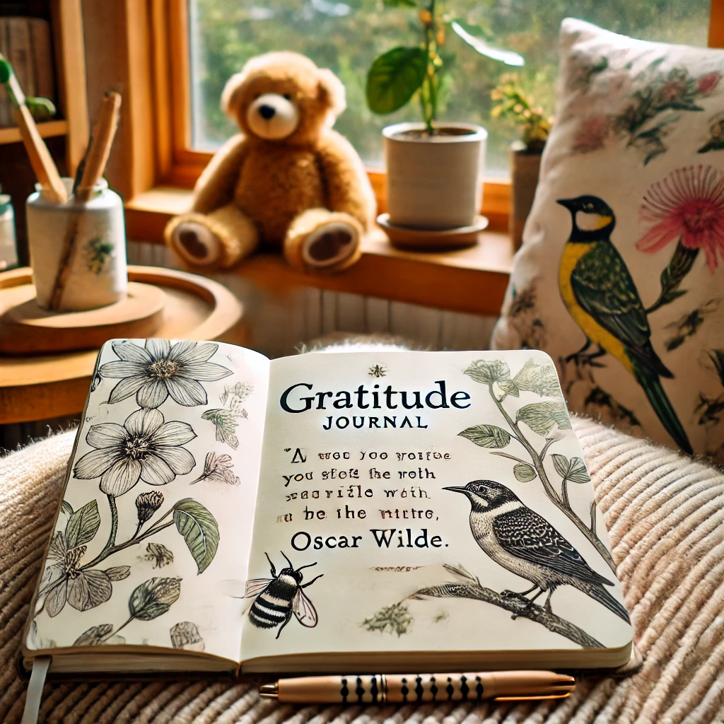 A cosy reading nook with a gratitude journal placed on a soft cushion. A pen rests on the open page, showing a quote from Oscar Wilde alongside nature-inspired illustrations of bees and lorikeets. A window in the background lets in warm sunlight.