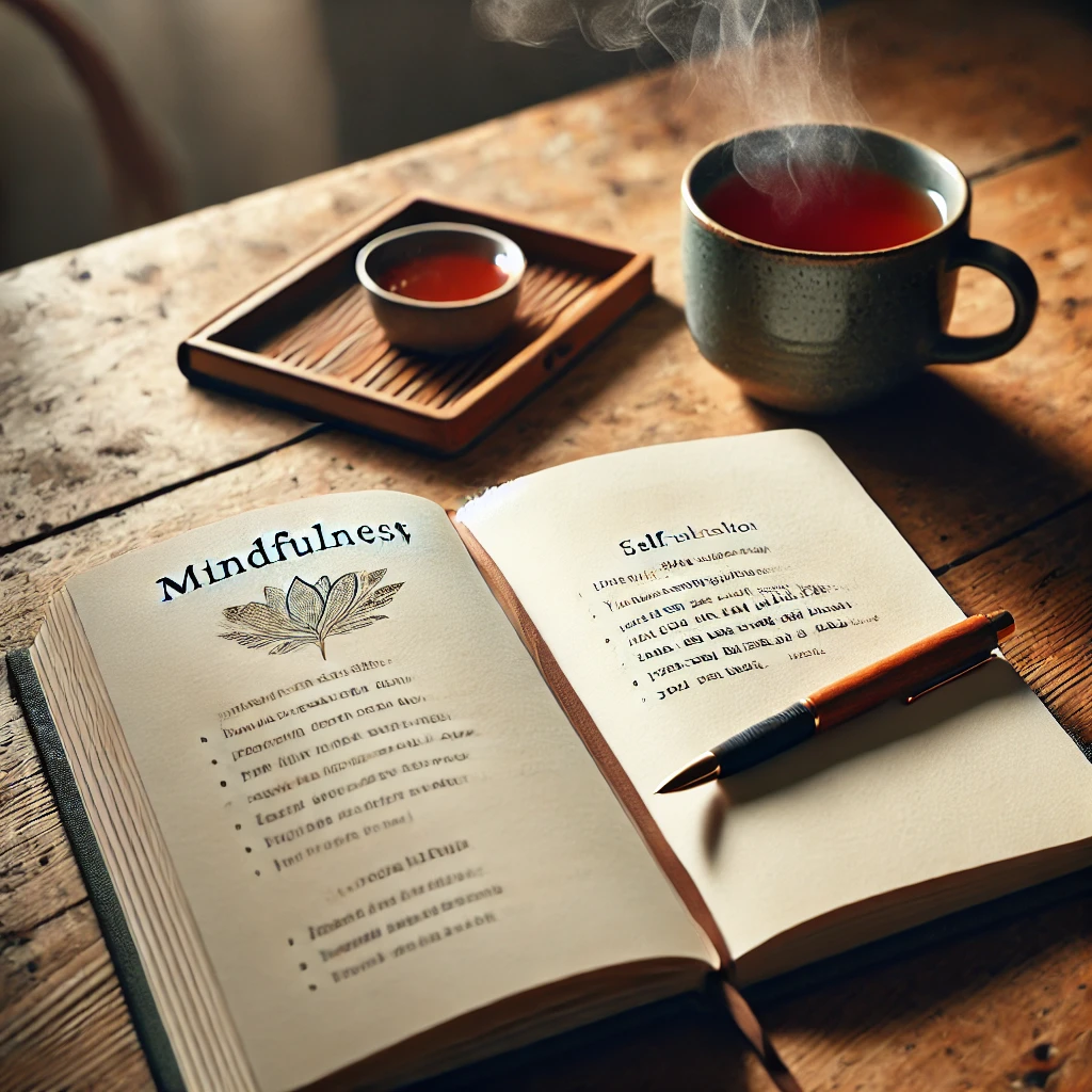 Open mindfulness journal with a pen resting on it, next to a cup of tea, in a peaceful setting that encourages relaxation and self-care.