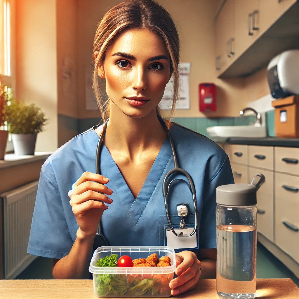 Mental health nurse enjoying a nutritious meal in a hospital break room, promoting balanced eating habits for shift workers.
