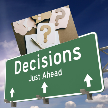 Road sign with decisions just head and question marks above the sign