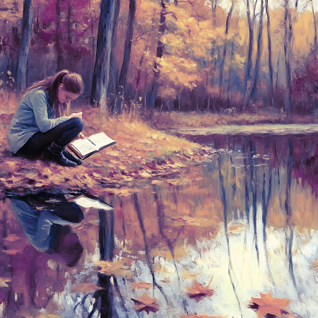 A Women sitting by a river writing a gratitude journal 