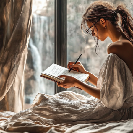 Women sitting on her bed writing a gratitude journal 