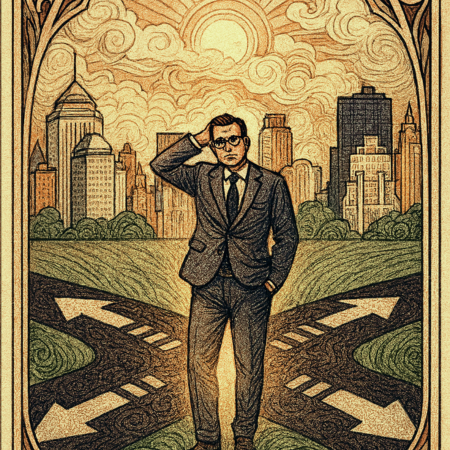 a Man dressed in suit wondering whar decision to make