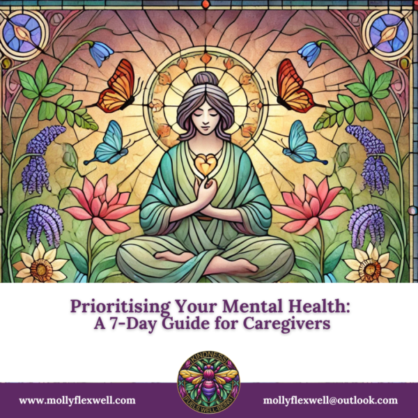 Stained-glass artwork depicting a caregiver practicing mindfulness in a serene garden. Surrounded by vibrant flowers, flowing water, and nature motifs, the piece uses rich colors of plum, sage green, and warm peach, creating a peaceful and magical atmosphere. Influenced by Art Nouveau and Tiffany-style, the symmetrical design features intricate details and soft gradients, symbolising emotional resilience and balance for caregivers