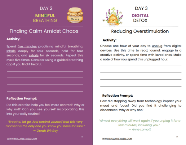 "Pages from the e-book 'Prioritising Your Mental Health: A 7-Day Guide for Caregivers' featuring Day 2: Mindful Breathing with an activity on calming breathing exercises and a reflection prompt by Oprah Winfrey, and Day 3: Digital Detox with guidance on unplugging from technology and a reflection prompt by Anne Lamott."